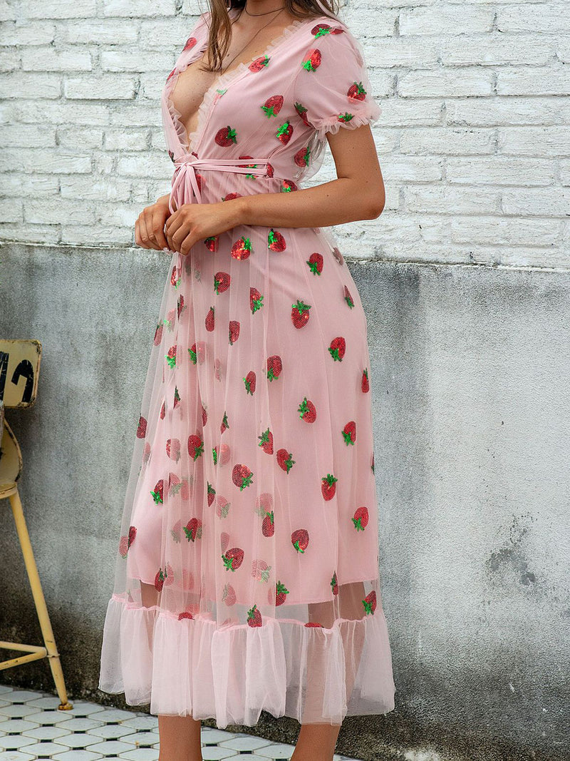 ELEGANT DRESS WITH STRAWBERRIES RUBINIA pink