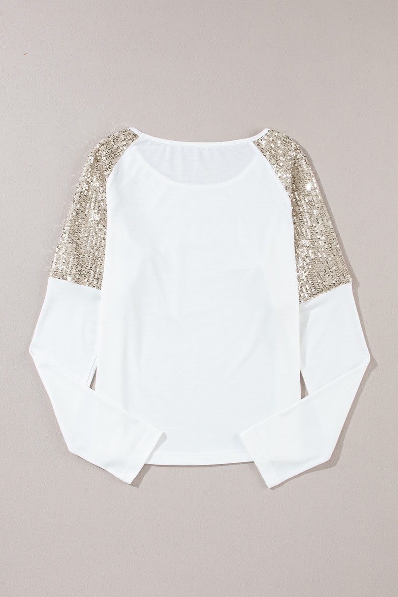 White Sequin Patch Chest Pocket Raglan Sleeve Top