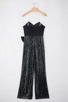 Black Sequined Tube Top Waist Knot Wide Leg Jumpsuit