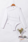 White Mesh Splicing Back Cutout Long Sleeve Bodysuit