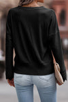 Black Ribbed Texture Lace Trim V Neck Long Sleeve Top