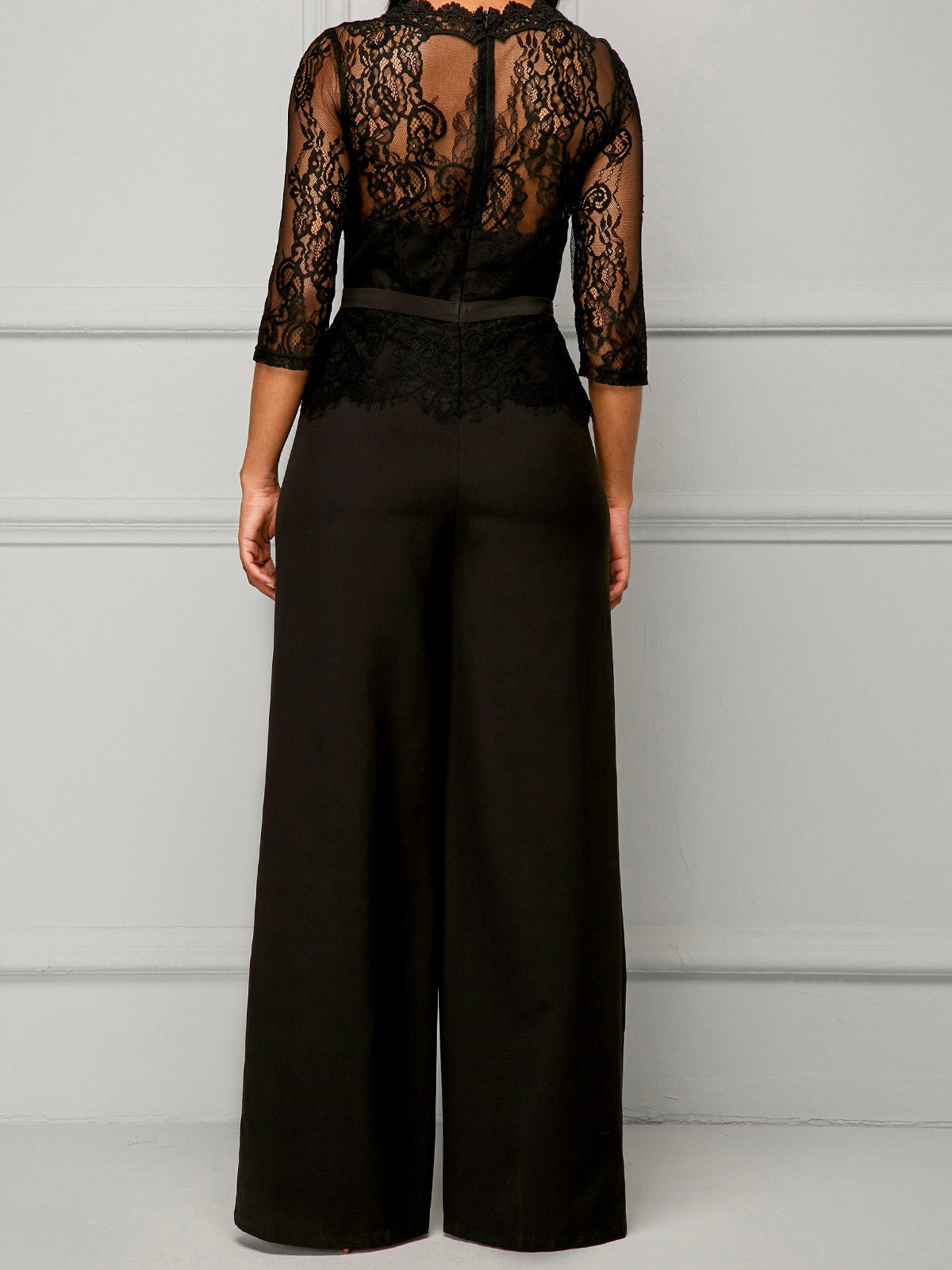 Peplum waist scalloped neckline lace panel black jumpsuit online