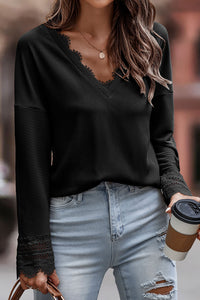 Black Ribbed Texture Lace Trim V Neck Long Sleeve Top