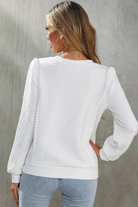 White Textured Puff Long Sleeve Round Neck Top