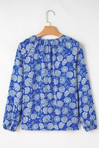 Blue Floral Notched V-Neck Long Sleeve Blouse