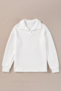 White Quilted Texture Sporty Collared Long Sleeve Top