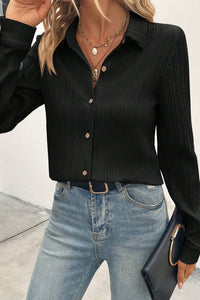 Black Solid Color Textured Buttoned Turn Down Collar Shirt