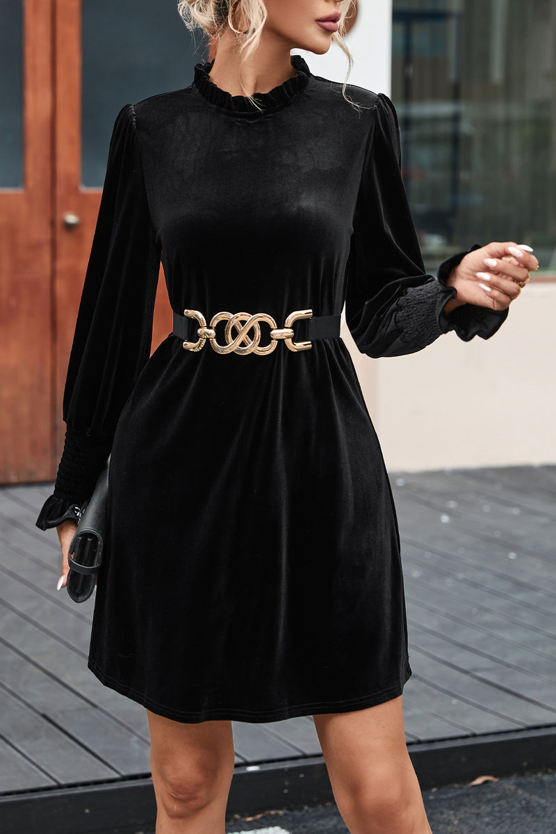 Black Velvet Frill Neck Long Sleeve Shift Dress