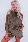 Coffee Solid Loose Fit Two Piece Fleece Lounge Set