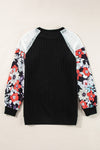 Black Floral Patchwork Long Sleeve Ribbed Blouse