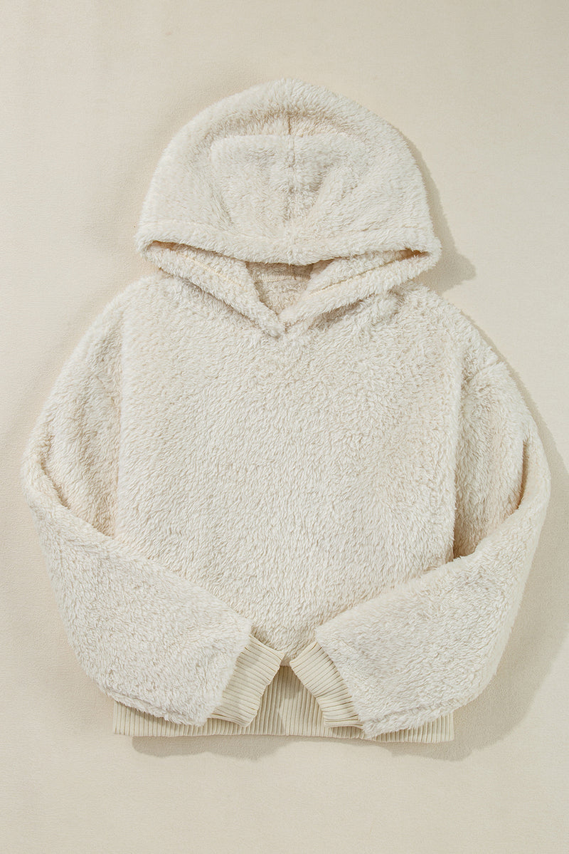 White Contrast Ribbed Edge Plush Hoodie