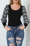 Black Flower Puff Sleeve Ribbed Knit Top